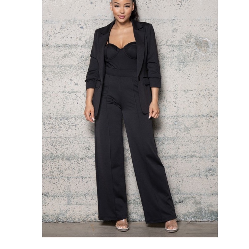 3piece Black Pantsuit with Tailored Blazer ,camisole and Wide-Legged Pants